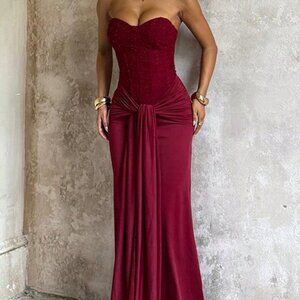 Burgundy Elegant Women's Knit Fabric Twist Backless Zip Dress